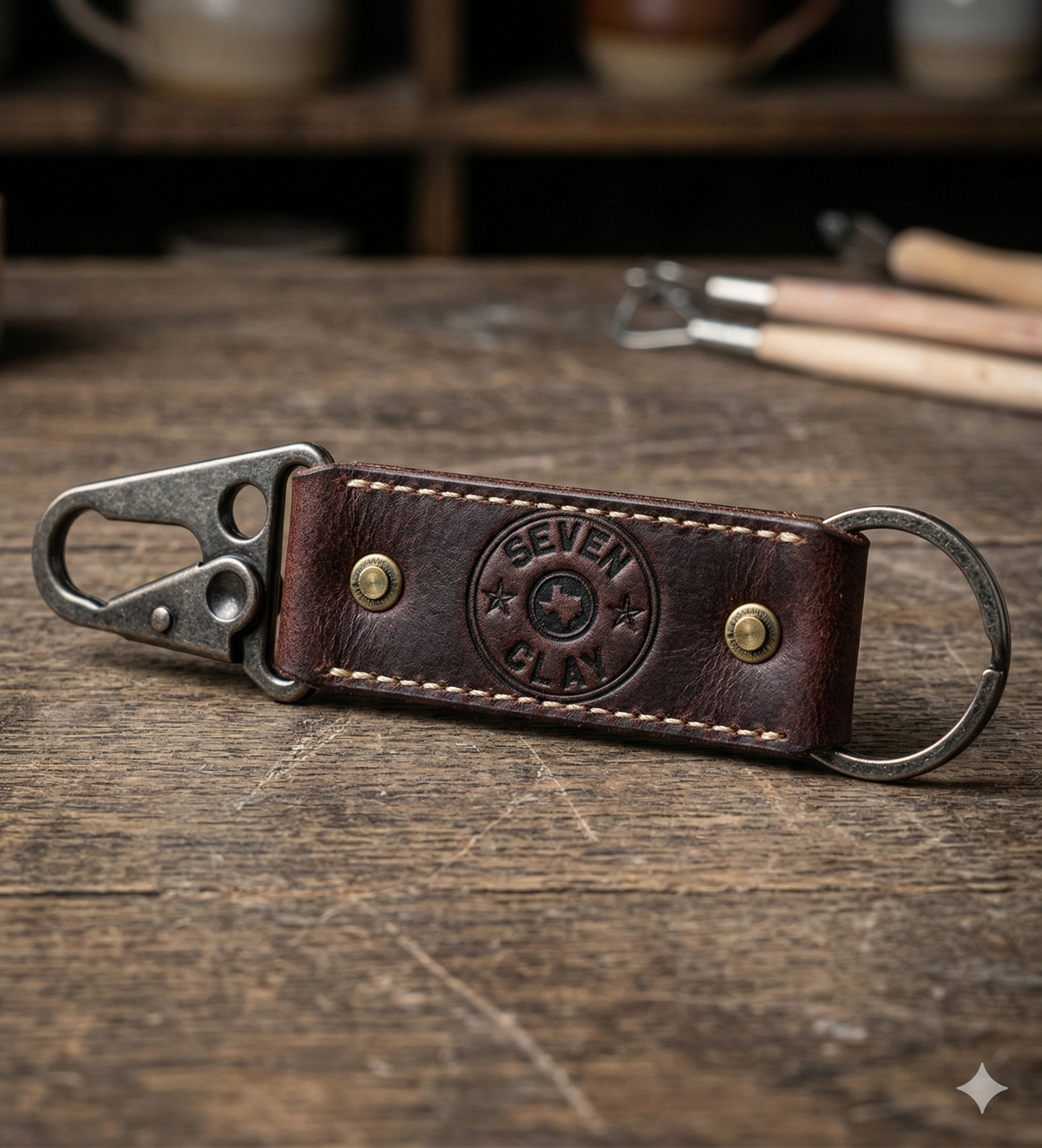 Lifestyle shot of a custom laser-etched mahogany leather keychain, highlighting premium craftsmanship and durability.