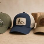 Three custom caps showing direct embroidery, a woven patch, and a leather patch