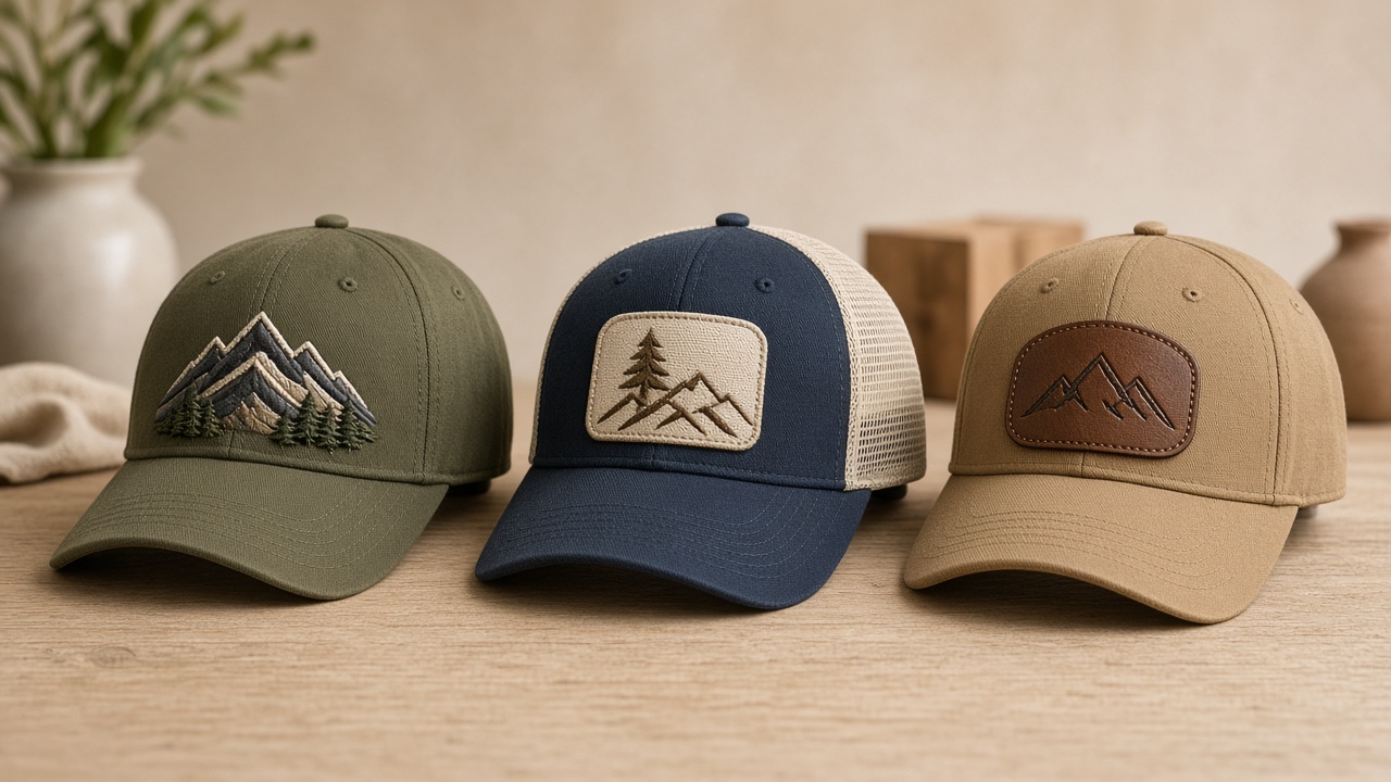 Three custom caps showing direct embroidery, a woven patch, and a leather patch